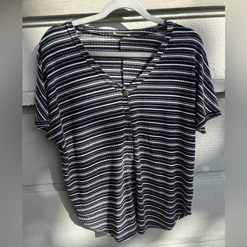 Miss Love Navy and White Striped Loose-Fit Button Detail Tee
